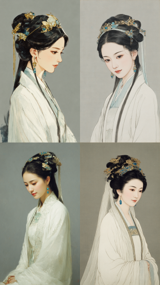 这张图片描绘了一位身穿 传统服饰的女性。她穿着 一件白色的长袍，袍子轻 盈飘逸，显得非常优雅。 她的头发梳成了古代的发型 ，并装饰有精美的发饰， 发饰上有蓝色的宝石和金色 的装饰，显得非常华丽。 她的耳朵上戴着一对精致 的耳环，耳环上也有蓝色 的宝石。背景是简单的灰色 ，突显了人物的美丽和服饰 的精致。整体画面给人一种 古典、优雅的感觉。中国工笔画风格，柔和典雅。