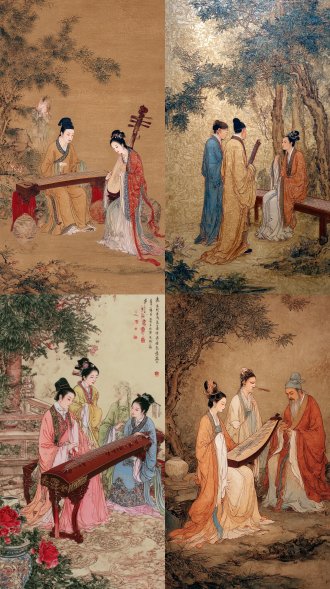 工笔，大师级艺术展现，杰作。柔软的线条流畅自然，景深构图。精细刻画人物，宋徽宗操琴，高俅和太師聽琴，端庄，服饰装扮华贵。，动作优雅大气。背景自定义，设色雅致，超高清质感，细腻柔和。