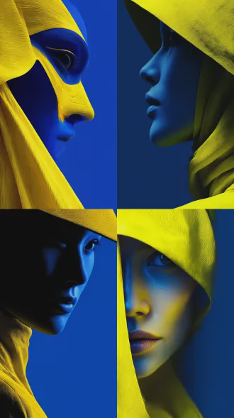 armin hofmann风格，一幅超高清的特写画面：在极度克莱恩蓝的背景里，夸张抽象变形的东方神秘靓丽黄衣美女，使其从黑暗中窥视着世界。高品质细节，超精细，高分辦率，最佳品质，c4d，32k壁纸，色彩叙事，现代抽象艺术。