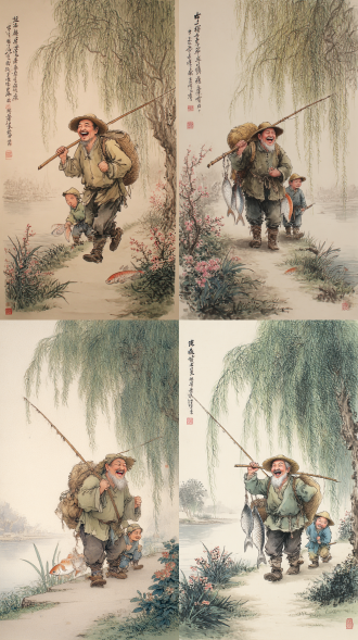 国画风格，老渔翁肩扛鱼杆笑哈哈而归他和小鱼童提着鱼走在河边小路上，路旁有垂柳鲜花。