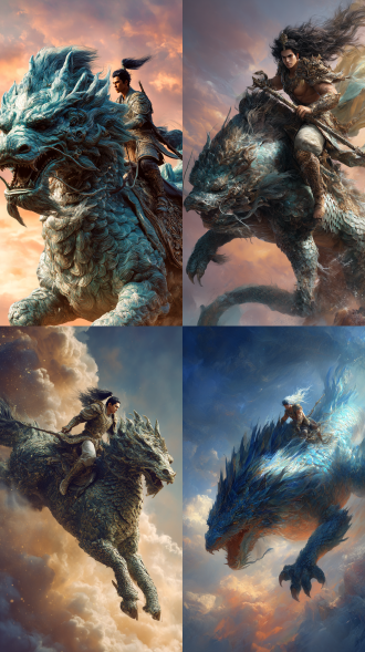 上古神兽 雄性，一身麟甲，特效加身，蹬腿咆哮，毛发飘逸，奔驰腾起，威武霸气，力量感，身后天地间风云色变，细节丰富精美，栩栩如生，背上驮着一位现代时尚帅哥穿着战神