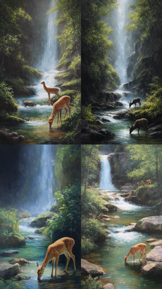 一幅展现瀑布流水景观的画面，瀑布水流湍急，水花飞溅，在阳光的照耀下闪烁着晶莹的光芒。水流奔腾而下，汇聚成一条清澈的溪流，潺潺流淌。溪流两岸是郁郁葱葱的绿植，生机勃勃。在水流经过的地方，有一些光滑的石头，水流在石头上流淌，发出悦耳的声响。整个画面营造出一种宁静而又充满生机的氛围，寓意着流水生财，财源广进。一只又高又大的梅花鹿在喝水一只大鹿，一只小鹿在小溪喝水，希施金风格油画