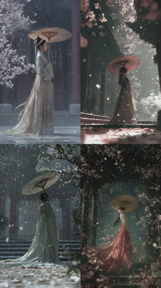 主体与造型 古典美人（撑油纸伞、大裙摆拖尾散落、披帛 / 发带随风飘扬） 2. 场景与元素 古代园林建筑、梨花树、飘落梨花花瓣、下雪、雾气、弥散粒子 3. 技术与风格 超广角强透视构图、电影级构图、自由视角、32k 超清、极致细节、清晰线条、立体渲染、精细画笔、超细腻笔触、线条流畅、专业级打光、自适应饱和度、大师级作品 / 杰作、高质量、完美品质 4. 氛围与特质 震撼、视觉冲击力强、张力十足、压迫感、梦幻感、光影交织错杂、明暗对比强烈、阴影过渡自然、高级感、意境、唯美、宿命感拉满、层次感、动态感、故事感、亮闪，春节