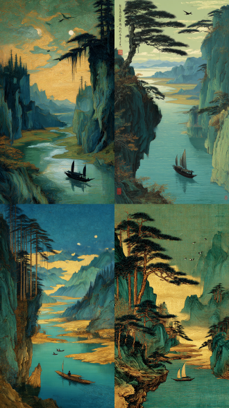 秋江夜行图 峭崖之巅，枯松倒挂，似岁月镌刻的孤影。天际，残霞如金箔晕染，与孤鹜齐飞，共绘长天绮卷。青山连绵，似岩彩泼墨，无尽延展围合四野；碧水悠悠，倒映远川，波光粼粼间藏着秋意的深邃。 西风瑟瑟，秋意盈满天地，夜静谧，云帆高悬，月影闲淡。湘水之畔，古舟缓行，仿若从千年时光中驶来。这一切，皆入丹青画笺，凝作永恒的秋江夜行图 。高清