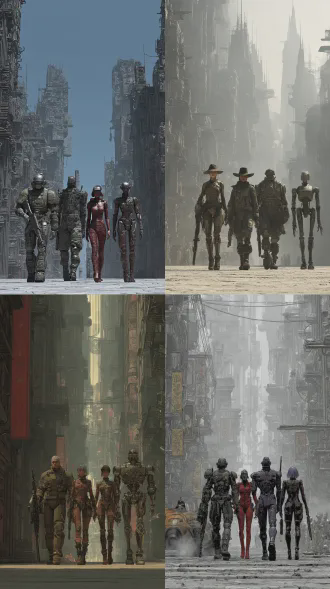 moebius (jean giraud)风格，噩梦般的黑色都市，一个战斗小队在城市中小心前行，四个全副武装的未来战士，一个女人，一个机器人，一个大个子，一个瘦削的男子，科幻感，战争危机感，神秘感。3d写实，oc渲染。高清晰