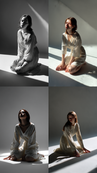 浅棕色凌乱长发女性，丹凤眼垂眸，平直锁骨与纤细腰肢，身穿简约米白色长袍，单膝跪地于纯白空间，手臂轻触地面形成三角构图，正面仰拍斜视视角，侧逆硬光切割面部与躯体，大面积阴影隐藏身形，低饱和度灰白色调，筱山纪信摄影风格，中画幅胶片质感，哈苏x2d拍摄，55mm f/2.5镜头，f/3.2光圈，高对比度光影，忧郁神秘氛围，肢体线条张力，艺术人像摄影，皮肤肌理细腻，避免柔和光线，避免色彩鲜艳，避免模糊，避免变形，无多余元素。