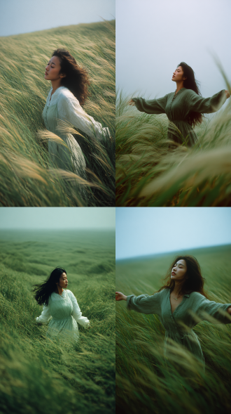 35mmfujifilmprovia胶片摄影，颗粒细腻，对比度适中，高反差低饱和度，上田义彦风格人像摄影，俯拍，无人机视角广袤无垠的绿色草甸，强风，草浪翻涌，一位东方女子，窈窕淑女，美人胚子，抹茶色苎麻宽松吊带长裙，发丝飘动方向暗示风速，微微抬头，闭眼，张开双臂，氛围光情绪映射，光线与阴影深度交融融合，中景，广角镜头，捕捉环境与人物的张力。选择性浅景深，前景草甸强烈虚化，背景荒原适度柔焦，营造潜意识流动感，柔光镜效果，高光处散发微妙光晕，柔化过渡，非对称、强调形式美感与内在精神的统一，梦幻而超现实，强烈的存在主义疏离感 ，氤氲，轻雾弥漫，画面充满静谧的张力， 摄影大师级构图，独特个性视角，超高分辨率，极致丰富的细节，清冷调，无意识背景。