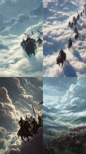 天空厚厚云层里面有一队身穿铠甲的古代骑兵战士杀出，云层通透有层次，部队从天而降，有蟠旗，云层弥漫翻滚遮盖，若隐若现，最前面的是上古神兽压阵，神兽也装着铠甲，云层下面是河流山脉，场景宏大，极致的细节，侧视图，仰拍视角，oc引擎渲染，大景深，电影质感，超级写实摄影，