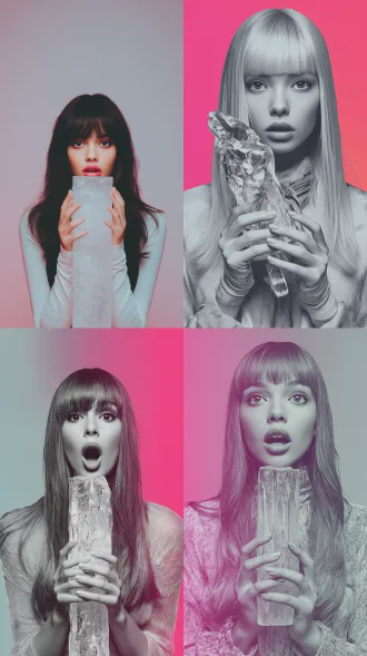 拍摄手法独特，美女时装杂志封面，白粉色渐变柔顺整齐长发齐刘海，极具艺术的现代海报设计的排版和构图形式，女人手握着一个粗冰柱，看着冰柱惊讶，真实人物摄影，解构主义，整体风格自然清新，明亮，青春洋溢，黑白色调，饱和度低的色彩。