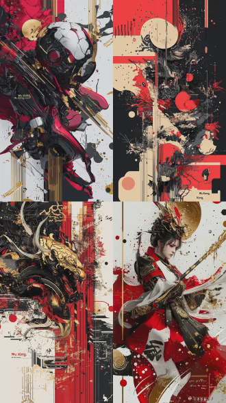 极繁主义，半调图案，杂色，丝网印刷质感。重叠边缘色彩渐变，同位色渐变色系，点线面层次分布。 构建赛博朋克风海报场景：背景以红色白色黑色为主色调；主体是红金色调的手持金箍棒，孙悟空巨大形象，画面布满金光咒文信息、巨型艺术化中文与细节元素，整体通过高对比色彩、文字“悟空”与潮流视觉符号，突出魔幻风格的融合冲击。 出一种动态立体感效果的画面。3d渲染。4k