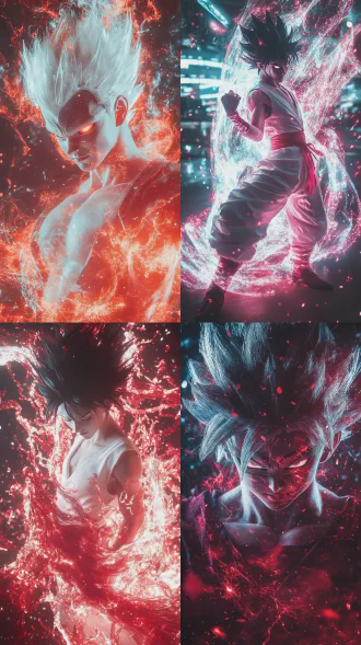 cosplay七龙珠18号 昏暗白红色 流光数据崩坏环绕构成躯体全息投影 具体 现实摄影级立体氛围感照片，经典，复古怀旧 动态不平衡镜头拍摄，