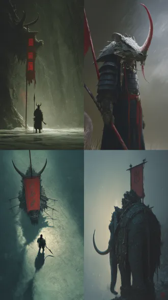 暗黑风格设计稿，展现一种神秘的华夏民俗未知幻想。中国元素，古代，超古代复古感，设计感，构图性，大师角度，模仿电影拍摄巨大物体的镜头取景。高光，暗部，强对比度，过渡自然，真实光影，真实光线反射，真实随机光源，非主体构图，明显阴影，强烈阴影和高光对比，黄金比例，照片级构图。 戟龙，幽冥战兽，硬质鳞甲，巨大的颈盾后方，披挂着用兽皮、骨骼和金属碎片缝制的多面破败旌旗，鼻骨上的长戟状尖角旁，额外增生出一根较短但带倒钩的副角，淡红色煞气，雨雪，冲锋。