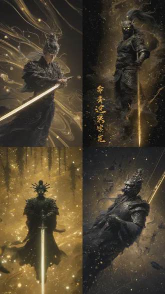 暗黑科幻中国风画面，3d超写实轩辕黄帝(重瞳龙颜/玄甲龙鳞战袍/手持发光轩辕剑)悬浮于虚空，剑尖滴落液态星辰，背后悬浮九鼎虚影，破碎战场残骸漂浮，空中流动篆书火瀑，暗金色主色调，电影级战争特效，粒子光尘，超现实国风，8k细节，工笔画 水墨 道 禅宗 天野喜孝 新川洋司 通感艺术 极简主义 星云 梦幻云彩 全身 仰视视角 对角线构图 低角度
