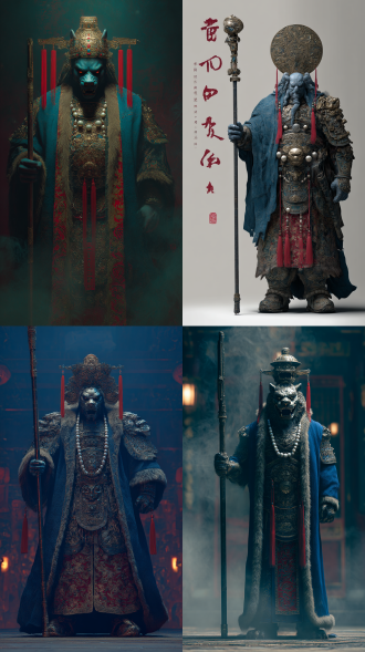 中式怪异，黑暗神秘风格融合中式美学，现代都市背景，黑暗中的诡异。站立在地面的狩猎形态，正面构图，巨大的地狱犬，拟人化，霸气。穿着重甲蓝披风肩抗巨大玄铁棍的巨人。超巨型身体，极端强壮，身体宽厚，身披九吞九扎玄金明光山文甲重铠，胸悬双鹘衔珠护心镜，背展百宝貂绒织锦长披风，头戴鎏金珐琅兜鍪，兜鍪上镶嵌宝石、珐琅、珍珠、翡翠、金箔，翻领顿项护颈，顶插狻猊铜盔枪，红缨在后方飞扬，内穿红色宝相纹百花战袍。超广角强透视构图，张力十足，压迫感，细节生动完美。极其震撼的一幕，光影彼此交织错杂的梦幻感，朦胧，明暗对比强烈，阴影过渡自然，电影级构图，视觉冲击，8k画质，超清，极致细节，清晰的线条，高对比，大师级别的作品。立体渲染，精细画笔，超细腻笔触，线条流畅，超清画质，完美品质，高质量，自适应饱和度，专业级打光，大师杰作，自由视角，阴影过渡自然，氛围感，高级感，意境，亮闪，唯美，宿命感拉满，弥散粒子，画面具有层次感。