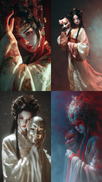 真人扮演摄影全身像。细腻厚涂cg，插画风格特效，九头身比例完美，古风，傩神，汉服，面具拿在手上，华丽，舞动，祭祀仪式，神秘仪式氛围， 笔触，线条清晰，强烈的明暗对比，超高清，垂坠感，清冷感，身体特写，最高画质。清透的皮肤，细腻渲染，细节五官，真实细腻的肌理感，极致的皮肤细节刻画，丰富细节，朦胧感，近距镜头，上半身构图，强化面部阴影，柔焦处理的高斯模糊效果，明暗交错的戏剧性光影，虚实结合的构图张力，双色温闪光灯布光，背景光斑虚化处理。 高质量，写实逼真，艳丽色彩，真实人物比例，bjd感效果，斑驳的面部光影，真实光影，侧光，宿命感，眼神杀，野性美，眼神捕捉，直视镜头