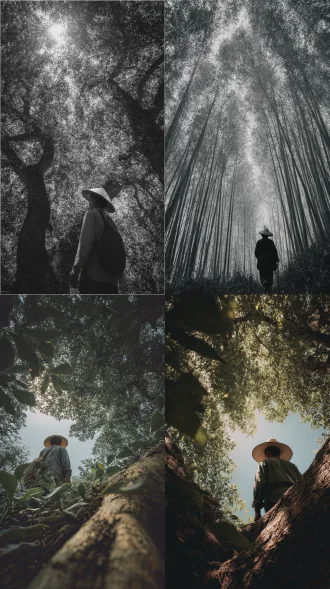 情感叙事和电影质感的人文纪实摄影作品，采用徕卡q3相机与summilux 28mm f/1.7镜头的独特光学特性。瞬间捕捉感，安静的故事性。具有摄影艺术质感，而非数码渲染感。轻微暗角效应，焦点锐利区域与焦外虚化过渡自然。加入轻微且细腻的胶片颗粒感，模拟胶片摄影的质感。 徕卡德味leica teal滤镜直出，徕卡鲜艳模式，高饱和度。 以仰拍视角，白杨树干自下而上直插云霄，眼睛纹理分明，似岁月镌刻。树叶茂密葱茏，在天空映衬下轮廓分明，阳光穿透，叶片脉络若隐若现，光影斑驳洒下。树枝相互交错，构成不规则几何图形。画面底部是湿润土地与散落树叶，与上方白杨树呼应，营造出深邃、清幽且富有生机的视觉效果，展现杨树林的挺拔与坚韧。树丛中背着行李戴着斗笠走着的和尚背影，光影对比，明暗冲突，层次分明。