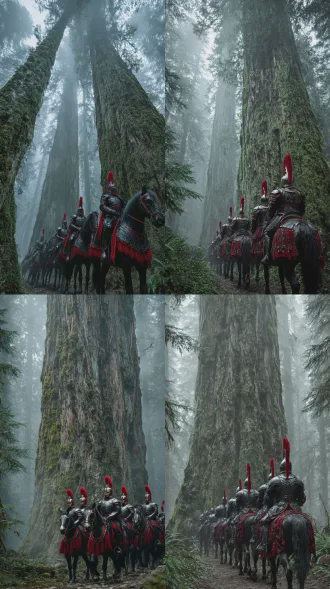 真人实景拍摄，超写实电影质感，8k超清分辨率，电影级雾调柔光布光效果，画面为古林巨树骑兵行军实景场景，低角度仰拍视角下一队骑兵身着黑红配色的金属战甲，骑乘战马沿参天巨树旁的林间小径行进，战马配红色鞍饰，骑兵背后竖红缨枪，与冷调树林形成对比；巨树树干粗壮高耸，表面覆满绿色苔藓，纹理粗糙且古树质感真实；背景是雾濛濛的原始密林，树木枝叶交错，雾气朦胧了远景，氛围感浓厚；战甲的金属与皮革纹理厚重，马匹的毛发沾有林间湿气，细节清晰；整体色调为冷青灰调，战甲的红纹形成视觉冲击，光线是林间的散射柔光，明暗层次细腻勾勒巨树与骑兵的轮廓；氛围神秘压抑，低角度广角构图强化巨树的巍峨与骑兵的渺小，战甲、巨树苔藓的真实质感及密林雾气的细节清晰可见，无道具塑料感与背景虚假感