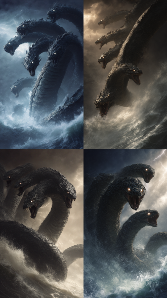 九头蛇相柳，所有九个头颅共享一个单一的、巨大且盘绕的蛇身。 蛇头从身体上段的不同位置呈扇形展开，姿态各异，充满动态与威胁感。 哥斯拉般的巨物尺度，采用低角度仰视镜头。它正从狂暴翻腾的海面中破浪升起，身躯高耸入电闪雷鸣的乌云。 电影感戏剧光照，突出精细雕刻般的黑暗鳞片纹理。每个头颅都有一双发光凶狠的眼睛和锋利致命的毒牙。海浪拍打在其躯干上，水花飞溅。 史诗级场景，高度详细，数字绘画。