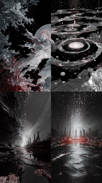 充满诡异又富有美感的氛围，展现出时间的循环、矛盾与哲理。过去、现在与未来相交错，虚幻与无边的终点相融合，末端又是新的起点。画面中有被遗忘的神祇处于不存在的四维时间中，周围是崩塌的宇宙星河，有的正在消散、虚无。用沉郁系黑白红渲染，营造出神秘感，画面具有半透明流光琉璃质感，如同杰作一般，体现神性，史诗感，神秘，奇幻。