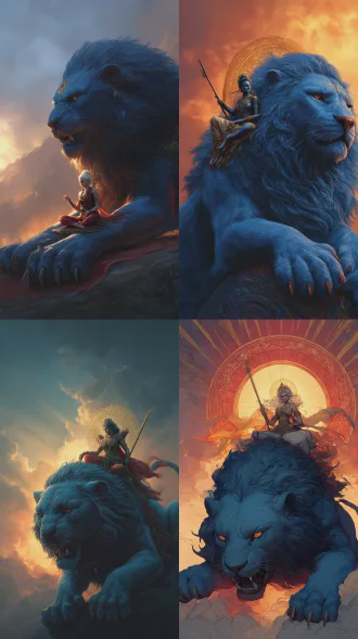 观音菩萨跨坐在一头体型如小山般的巨型青色雄狮背上。这头雄狮鬃毛燃烧着落日般的金红色，利爪如弯刀般锋利