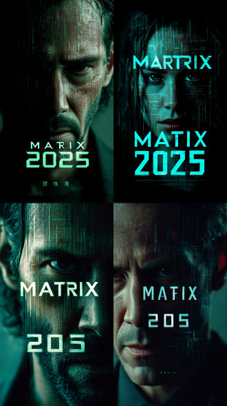 科幻电影海报，中英文标题，片名《骇客帝国2025》以粗体、棱角分明的液晶发光字体，具有锋利的边缘和流动的数据线条，传达出一种科技感和神秘感。视觉冲击力强，充满数字朋克尼奥（cyberpunk）氛围，风格简约，人物特写，半张脸是人类，半张脸是数字化效果，表现出由人类向ai的转变过程，令人印象深刻，超级酷炫，好莱坞顶级海报设计。