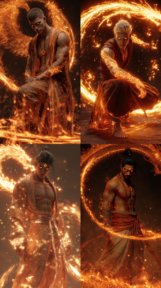 写实风格，真实皮肤质感，真实场景，超高分辨率。男性角色，血管中流动着火焰，瞳孔燃烧金色太阳，额间镶嵌菱形赤焰晶体。全身缠绕液态金属构成的光带，每条光带刻满龙鳞符文，末端化为无数火焰游弋周身。背部生长出由熔岩结晶构成的放射状背鳍，每片鳍片表面流转着星辰轨迹，整体呈现动态能量漩涡。悬浮于燃烧的琥珀色天空，脚下是熔浆汇聚的巨型龙首图腾，身后展开由等离子体形成的半透明翅膀状能量场，场中浮现无数古代龙语。粒子流从指尖喷发，在身周形成燃烧的量子风暴，地面岩浆因威压沸腾，形成巨型火浪。服装由液态火焰编织的长袍构成，衣摆垂落至地面时化为燃烧的凤凰尾羽，头部环绕九颗悬浮的熔岩卫星，每颗卫星表面浮现不同形态的龙首幻象。强光照射，火焰明暗对比强烈，液态金属反光，熔岩结晶纹理清晰，等离子体能量场泛蓝光，粒子流动态模糊，岩浆沸腾气泡细节丰富，超高分辨率质感细腻。