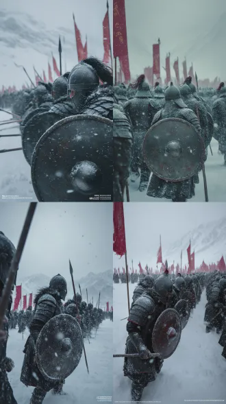拍摄器材：采用red epic-w helium 8k摄像机，搭配16mm超广角镜头。 核心画面主体：身披黑色系重型金属札甲的步兵方阵，士兵头盔带面甲，盔下黑发被风雪吹得凌乱飞扬；全员身体前倾、重心压低，左手持布满凹痕、战损、划痕与锈迹的圆形铁盾前挡，右手挺长矛前指，铠甲缝隙凝结冰霜；队列紧凑、步伐一致，于厚雪中艰难挪动，尽显奋勇冲锋的决绝姿态。 场景环境设定：冰封山地战场，铅灰色阴天漫射冷光笼罩天地，密集大雪随风斜落，雪花黏附于盔甲与盾牌之上；远处连绵雪山横亘，战场间插满残破红缨战旗，万千旗帜在风雪中猎猎作响。 构图与光影设计：采用低角度仰拍结合跟拍式一镜到底构图，前景盾牌占据视觉中心，背景延伸至远方密不透风的军阵；运用伦勃朗式侧逆光打造强烈明暗对比，丁达尔效应穿透风雪，强化画面层次。 色彩与风格定位：以深黑、暗红为主色调，积雪冷白作点缀，整体呈冷青低饱和色调，营造冷峻压抑的战场氛围；风格对标暗黑史诗风，融合《满江红》《长城》的电影质感与wlop的冷峻笔触，凸显画面的史诗感、沧桑感与艰难前行的厚重感，细节高清呈现，尽显战场寒意与肃杀之气。