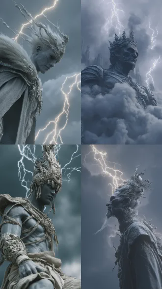 这是一幅以写实主义风格呈现的3d游戏cg巨作。 超写实，概念艺术，采用artstation的风格。黑夜云层中映出九道光环，九道笔直天雷依次劈在城市里。 画面主体为一尊古风，黑暗系，恶鬼天王，自云端携雷霆万势俯冲而出。他浅灰色的强壮身躯充满压迫感，繁复华丽的头饰下，冷酷的厌世面容融合了佛家金刚的威严与妖怪的怪诞。 姿势随机，动作随机，武器随机，服饰随机，颜色随机，其他随机。 大透视角度强化了其巨物的冲击力，战斗姿态充满极致张力。整体造型独特高级，细节极其精致，展现出超级反派降临的霸气与中式奇幻的独特美感。