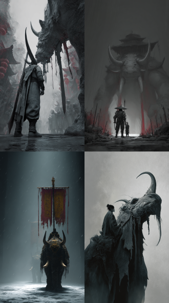 暗黑风格设计稿，展现一种神秘的华夏民俗未知幻想。中国元素，古代，超古代复古感，设计感，构图性，大师角度，模仿电影拍摄巨大物体的镜头取景。高光，暗部，强对比度，过渡自然，真实光影，真实光线反射，真实随机光源，非主体构图，明显阴影，强烈阴影和高光对比，黄金比例，照片级构图。 戟龙，幽冥战兽，硬质鳞甲，巨大的颈盾后方，披挂着用兽皮、骨骼和金属碎片缝制的多面破败旌旗，鼻骨上的长戟状尖角旁，额外增生出一根较短但带倒钩的副角，淡红色煞气，雨雪，冲锋。