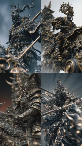 复杂设计层次分明的现代科技感十足的中国战将，骑在黑色机械战车上，黑金色重装机械铠甲，极繁主义极复杂唯美的波特风格立体雕刻刻纹，精细的描绘其的每一个金属部件，展现其外部复杂精细的各种构造，细节美观，花纹拥有独特的立体感， 雕塑风格，虚幻引擎渲染，远景，广角镜头，全身镜头，超清。低角度仰拍。随机动作，随机背景， 超广角强透视构图，张力十足，压迫感，细节生动完美。极其震撼的一幕，视觉冲击力强，光影彼此交织错杂的梦幻感，朦胧，明暗对比强烈，阴影过渡自然，电影级构图，视觉冲击，动态特效，8k画质，超清，极致细节，清晰的线条，高对比，大师级别的作品。立体渲染，精细画笔，超细腻笔触，线条流畅，超清画质，完美品质，高质量，自适应饱和度，专业级打光，大师杰作，自由视角，阴影过渡自然，氛围感，高级感，意境，亮闪，唯美，宿命感拉满，弥散粒子，画面具有层次感。视觉冲击，故事感，高级感，动态感