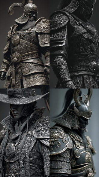 复杂设计层次分明的中国战国时期大将，黑色重装铠甲，极繁主义极复杂唯美的刻纹，精细的描绘其的每一个金属部件，展现其外部复杂精细的各种构造，细节美观，花纹拥有独特的立体感， 雕塑风格，虚幻引擎渲染，远景，广角镜头，全身镜头，超清。低角度仰拍。随机动作，随机背景， 超广角强透视构图，张力十足，压迫感，细节生动完美。极其震撼的一幕，视觉冲击力强，光影彼此交织错杂的梦幻感，朦胧，明暗对比强烈，阴影过渡自然，电影级构图，视觉冲击，动态特效，8k画质，超清，极致细节，清晰的线条，高对比，大师级别的作品。立体渲染，精细画笔，超细腻笔触，线条流畅，超清画质，完美品质，高质量，自适应饱和度，专业级打光，大师杰作，自由视角，阴影过渡自然，氛围感，高级感，意境，亮闪，唯美，宿命感拉满，弥散粒子，画面具有层次感。视觉冲击，故事感，高级感，动态感