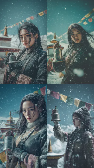 一位神情冷清忧郁的妖冶少女，藏教圣女，有着乌黑头发，身穿华丽繁重的藏族服饰，佩戴银质首饰，右手抬起，握着摇壶，正对着镜头，目光深邃而长远，头顶落白雪，发丝随风飞扬，场景是蓝天雪山，远景藏寺，经幡在天上飘着，以绿粉金色低饱和度色彩搭配柔光和流体质感，【超写实摄影级画面，主光源采用戏剧性侧逆光，塑造强烈的立体感与明暗对比，优化构图遵循三分法突出唯一主体，极致渲染金属/玻璃/织物质感与透光性，冷调色彩分级营造静谧氛围，8k分辨率，风格是超现实主义摄影，