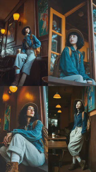 真實攝影，傾斜構圖仰視捕捉。佳能单反相机拍摄，写实风格，20岁绝美女网红，鹅蛋脸，容颜绝美，冷白皮，沙漏型身材，微卷黑长发，精致淡妆。不要磨皮，不要美颜，显示真实皮肤质感。清秀模特修長身形，深藍色牛仔外套搭配淺灰毛絨闊腿褲，露出小腿與棕色馬丁靴。棕色八角帽與同色系揹包呼應，白色中筒襪點綴學院風，手持咖啡杯增添日常感。 木質調街角咖啡屋，深棕木紋牆面掛著手繪卡通畫，暖黃壁燈映照原木桌椅。綠樹街景朦朧虛化，人物單腿輕倚姿態放鬆。畫面注入膠片粗顆粒與高噪點，過曝輝光與暗角交織，髮絲泛金光飄散。前衛藝術感強烈，融合夢核與驚悚元素，光影對比碰撞。故障質感暗金點綴，雙重虛化營造空間錯位，電影級ue5渲染呈現超現實美學。
