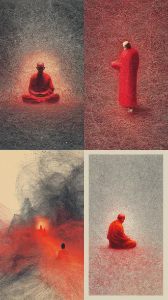 由圆珠笔极其密集纷繁复杂且连续的乱线充满并构成的整体画面，乱线逐渐向画面中央密集并在其中连续勾勒出一个很小的打坐的红色僧服的僧人模糊形象，其他线充满背景，复杂且平面化，复杂的红色丝线杂乱缠绕，张力十足，在暗冷灰卡纸上，画出简笔速写，线框风格、透视风格，红色背景，荧光蓝+荧光红线条，极简解构插画，柔性工业设计。大面积留白，自由挥洒，狂草肆意，大量留白，侧逆光，受光处自带闪粉橘黄金，暖光部分为自发光，发光处有强烈的辉光效果，明暗对比强烈，前卫先锋新中式海报，大师级排版，造型由无数代码粒子弥散组成，从模糊到清晰的影像和轮廓，新中式，极致留白，禅意神秘，科技感，高挑甜修长，奇幻世界，明显轮廓，发丝发光，光线透射，超高清，整体与画面风格协调，大师杰作，8k高清，极强的压迫感，灵动，迷幻色彩，高贵梦魇，蓝金色调