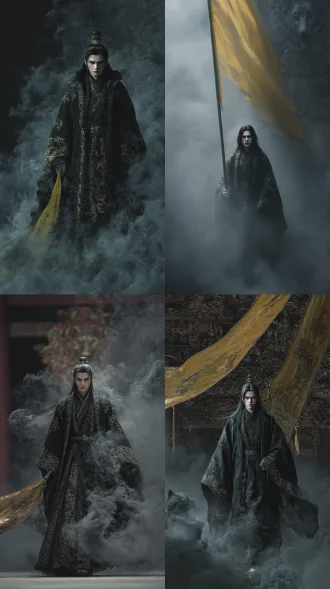 幽冥鬼尊，帅气男子在黑雾缭绕中缓步走出，苍白面容上泛着诡异的幽光，黑袍上绣满符文。他手中握着巨型黄泉铺天盖地的引魂幡，幡动时鬼哭狼嚎，身后浮现出极繁夸张极致华丽的九幽背饰，令人胆寒。真人，写实，电影级光照，神秘