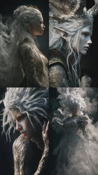 远景，全身像，超写实，真人拍摄，神怪美学，雌性妖怪少女造型，浑身上下覆盖神秘繁复肌理纹路，如同古老经文般流转。灰白色长发如云似雾，层次分明，浓密厚重，在幽暗中泛着微光。梦核视觉风格结合西方魔幻元素，魅惑眼神流转神秘力量。光影对比强烈，暖金与冷银交织，营造出超然脱俗的氛围。 充满生机与奇幻气息。画面风格为幻想艺术，细节丰富，色彩鲜明，具有强烈的自然。神圣，神性，造物主的奇迹。她的身体散发出圣洁的银色辉光，宗教隐喻。 极繁主义，极致细节，超精细，超高质感，8k分辨率，高对比度，高饱和度，动态姿势，充满张力的镜头，视觉冲击力，夺目的视觉效果，震撼画面，缠绕感，强烈张力，杰作，最佳品质， 虚幻5引擎，hdr写实质感，ue5渲染，octane 渲染，c4d渲染。0.618黄金比例的身材曲线，8k分辨率，不合逻辑，抽象，意识流，梦核，有噪点暗角。艺术感强。画面有辉光、耀光、雾感，融合惊悚与梦核元素，梦核美学，从错误中寻找创意，对现有系统的颠覆与重塑，强烈的光影对比，强烈的对比色碰撞，惊艳，意识流，柔和侧光渲染，写实，失真质感暗金色点缀，空间交错、电影镜头、(真实感: 1.5)，柔和的色彩，微光，宿命感，华丽，曜变，仿佛命运的丝线正在被无情拉扯，电影级质感，胶片质感。摆出完美的形体造型，完美构图，超现实摄影效果。