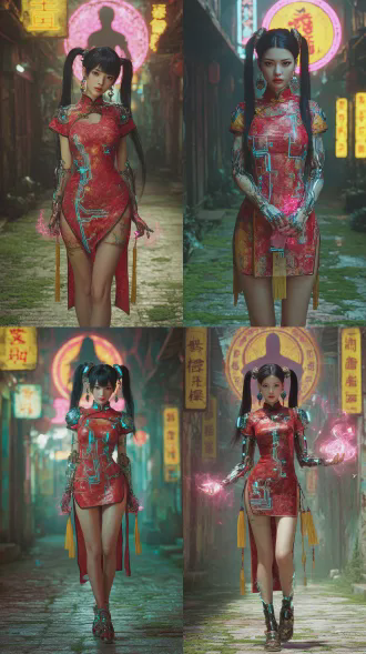 全身像，超写实，真人拍摄，lydia ，黑色长发，长发及腰双马尾。赛博朋克机械姬。枚红短款符纹旗袍（绸缎光泽，褶皱细腻），拼接荧光蓝赛博电路纹（透光树脂），开衩垂符纸流苏（泛黄磨损），肩甲是钛合金符阵投影器，耳坠是微型符箓。旋身撒符手腕灵动，符纸炸玫红霓虹光爆（粒子细腻），身后神灵符神法相（虚影持符印镇邪，金光柔和）。环境：古风商业街，霓虹灯牌写篆字符箓（灯管柔和），青石板街道缝隙长青苔。她的大腿线条清晰。面部干净无瑕疵。 顶级造型艺术，超写实细腻画质，美学场景，酸性金属风。极富创意的艺术构图。 商业大片，造型概念图，朦胧梦核美学，顶级画面光效顶级渲染。 极繁主义，极致细节，超精细，超高质感，高对比度，高饱和度，动态不平衡，充满张力的镜头，视觉冲击力，夺目的视觉效果，震撼画面，强烈张力，杰作，最佳品质，主体造型奇特，特异美学，冷峻犀利的艺术氛围，情绪表达和叙事。 虚幻5引擎，hdr写实质感，oc渲染，c4d渲染，3d渲染，0.618黄金比例的身材曲线，8k分辨率，伦勃朗光，不合逻辑，珠光，反光，抽象，暗夜，意识流，梦核，光线暗、能见度低，有噪点暗角。艺术感强。画面有辉光、耀光、梦核美学，对现有系统的颠覆与重塑，强烈的光影对比，强烈的对比色碰撞，惊艳，意识流，柔和侧光渲染，写实，暗金色点缀，空间交错、电影镜头、(真实感: 1.5)，柔和的色彩，微光，宿命感，华丽，曜变，充满了神秘而紧张的氛围。摆出完美的形体造型，完美构图，超现实摄影效果。