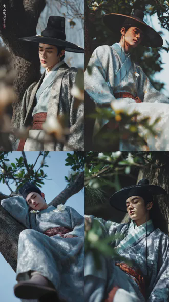 电影质感，质感光照，故事情节，侧影，年轻男子俊朗清冷，明制黑色士人幅巾，浅蓝色交领道袍，织银复古暗纹，月白色交领中衣和宽大琵琶袖内衬，朱红织锦腰绦垂坠，慵懒斜靠树上，一条腿随意支起，头枕枝条双目轻阖，栀子花瓣落于肩头，晴空，花枝层层叠叠形成自然前景，柔和侧光勾勒人物轮廓，叙事感拉满，光影斑驳，故事感，随机角度，随机运镜，画面充满张力。大师级作品。超高清高品质高质量佳作，画面清晰，专业后期处理优化，完美光影，高细节，高清晰，表现光影色彩对比强度，电影镜头，大师级构图，景深，前景失焦遮挡，超现实主义，印象派，细节丰富，色彩生动完美，精致的细节，淡彩，自然光线，光影斑驳，个性视角，非对称，对焦人物主体，既视感，现场感，浓浓的氛围感拉满，过曝，景深，高噪点，强烈的胶片颗粒质感，层次丰富，写意，光的美学，概念艺术，超现实，高级感，富士胶片，杰作。