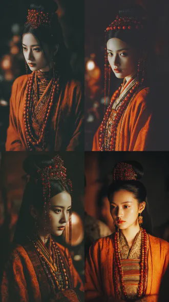 自然真实的视觉风格，文艺电影构图，空灵氛围感，大师级电影镜头，低光暗调结合暖光聚焦，古风绝色公主，五官精致，眼神沉静带冷艳，乌黑长发梳高髻，红珠串层叠珠冠（掩绝美侧颜，珠串细密垂落），橘红哑光大袖袍（肌理厚重），复古纹样，内搭复古撞色条纹织锦交领衣，颈间多串松石蜜蜡珠链，左侧侍女搀扶虚化，背景暗调模糊（可见木质妆台与铜镜虚影），珠串折射暖光，伦勃朗光打亮面部轮廓，细腻肌理，紧张又坚定的情绪瞬间。柔焦美学，极致光影，大师级作品。超高清高品质高质量佳作，画面清晰，专业后期处理优化，真实细腻的皮肤质感，完美光影，近景失焦遮挡。情态生动自然，故事感，随机角度，随机运镜，光影斑驳，柔焦美学，细腻肌理质感，情绪写意，艺术人像高级感。大光圈虚化营造高级电影质感。整体构图融合浪漫主义美学，突出人物立体轮廓与优雅气质。空灵的气氛，巧妙地捕捉情感，情绪表达色彩化，色彩艳丽，情绪叙事，整体氛围慵懒又随性，尽显松弛感，现场感，既视感，伦勃朗光，极强的光影对比，渐变美学，氛围感，故事感，复古胶片摄影，明显的胶片颗粒感，真实光影，复古色调，富士滤镜，kodak portra 400胶片质感，_dsf1600.raf效果，xf56mm f1.2镜头视角，img_2094.cr2质感，ins风，背景虚化，沉浸，文艺风格构图，细节丰富，强烈的视觉冲击力。
