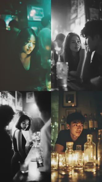 sujunmin摄影风格，对焦模糊，胶片摄影，强透视，镜头感，画面张力，光朦，黑白淡彩，局部彩色带绿，sjm随机抓拍人物场景，现场感，夜场酒吧，打碟，情侣，复古，既视感，胶片摄影，原始，质感，层次，逆光，暗朦，过曝，强烈的胶片质感，sujunmin极简主义。局部英文信息点缀。32k质感。