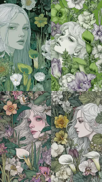 高定风格的钢笔插画，以绿色为主色调，着重色彩丰富的植物，洋水仙，玫瑰，月季，雏菊，风信子，虞美人，三色堇，马蹄莲，蝴蝶兰，绣球，金鱼草等等各种花卉，白长发美人，极尽繁复奢华，画面中充满了形态各异的花、草、叶子，展现出荒诞奇幻的氛围，细节刻画极致入微，呈现超清晰画质