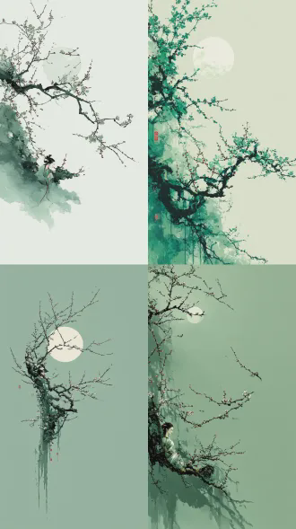 水墨画。明月，一枝梅花，疏影横斜，一古代美人，半身若隐若现，与梅花融合在一起，禅意，空灵，寂静，大面积留白，梦幻，极简，写意，主色调是淡淡的青绿色，高分辨率。