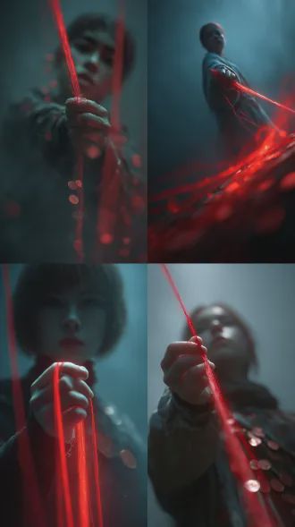 第一人称视角，叠涂，剑芒，弥散渐变，色彩饱满有层次。古风 模糊深色背景，画面昏暗，阴冷。少女，手指缠着发光的红线，诡异民俗风格，红线，小铜钱，流动感，神秘，氛围感拉满，模糊雾气，冷色调。繁复垂坠，画面光影明暗对比。模糊红线前景。倾斜构图，仰视角度。