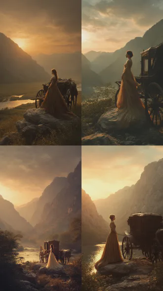 "夕阳余晖，山川壮丽，马车疲惫停驻，优雅丽人立于岩石边，轻纱长裙飘逸，目光远眺，如梦似幻，柔光散射，古风意境，暖金色调，广角镜头，逆光效果，细腻纹理，静谧氛围，诗意盎然，古典美学，空灵飘逸。"