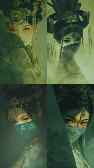 国风插画，涂抹质感，笔触明显，水墨丹青，动态角度，清冷感，光影层次感，电影质感梦幻感，营造出充满故事感氛围的画面中式怪诞秘境中，朦胧光晕，极端近景特写构图，东方古风奇幻而冷艳的美人，她的脸上戴着面纱，漏出迷人的双眼，丹凤眼，眼神看着镜头，姿态带诡谲邪魅感；整体风格为暗黑华丽美学，融合华丽的金银材质的精美头饰珠宝，流苏，与神秘邪魅气质；配色以绿、鎏金为主，高雅的质感、幻想细节，国风光影，空灵的审美，杰作，8k，高清细节，大师级，动态的，视觉冲击力的，整体有一层绿色橘色的滤镜，色彩对比。