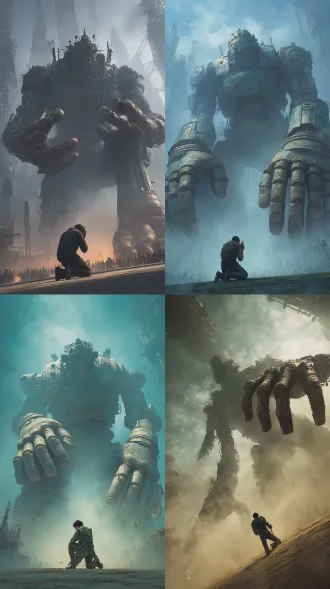 一个巨大的神明，由零件拼接成的身体，手臂身长，占构图三分之一长度，手相伸向镜头，被抓取镜头，手指占画面左边四分之一面积，身前站着跪拜的人类，压迫感极强，蒸汽朋克风格，雾气四起，复杂的未来战争背景，高清画质，细节丰富，60度仰视镜头，地面占整个画面四分之一。