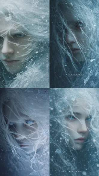 写实人像设计，景深，自由构图，光影交错，高细节，凌乱的头发，蓬松飞扬，细闪，正面，眼睛是白色，头饰，发丝飘荡交织，雪鬼的长发飞舞，露出了冰蓝色的肌肤与惨白的眼眸，四周的阴冷气息浓郁无比，让人完全不敢靠近，渐变异常，粗糙纹理，背景混乱，雪花飘落，白发，随机动作，中式怪诞风格，不和谐构图，寒冰之王， 透明冰晶“”指甲， 手中悬浮着风暴