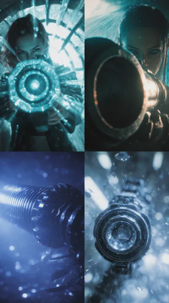 高级曝光感，逆光，科幻蓝光瞄准器，手持夸张复杂设计螺旋超级巨大夸张巨大的巨型层叠蜂窝口径炮，炮口散发能量光，折射光线，光影切割，暗区密布，发丝飞扬，额珠折射光，游戏cg，电影级画质，张力十足，压迫感，复杂纹理，光学抽象复杂半甲+布料，碎边，金属碎片飞扬，次世代钢铁废墟，真人质感，写真摄影，后期特效，高频闪，低饱和，暗黑风格，西式，金属感，通透感，广角镜头透视，视觉冲击，专业打击感，宿命感拉满，西幻风格，哥特风格，脏乱不失美感，眼神犀利，背景阳光高曝光，气势惊人，眼神压迫感，霸气，女性，光碎片爆闪，