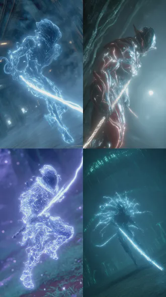 由电浆流能量轮廓填充的刺球外壳装甲挥舞着电刃长鞭攻击镜头，画面上的主体完全由闪亮的刺眼能量构成基本轮廓，所有的外壳缝隙都向外喷出电浆束，完美的电流魔人生命体。阴森的地下建筑群，幽光弥漫的环境，魔法科技，魔能装置，幽绿色的植装体，喷涌的雾气，神秘，庞大，进化的错误，培养管，生物改造，基因变异，uma进化外皮，伪装，捕食者，寂静的氛围。妖异华夏元素，诡秘的通道，湿润的质感。，阴森的地下建筑群，幽光弥漫的环境，魔法科技，魔能装置，幽绿色的植装体，喷涌的雾气，神秘，庞大，进化的错误，培养管，生物改造，基因变异，uma进化外皮，伪装，捕食者，寂静的氛围。妖异华夏元素，诡秘的通道，湿润的质感。