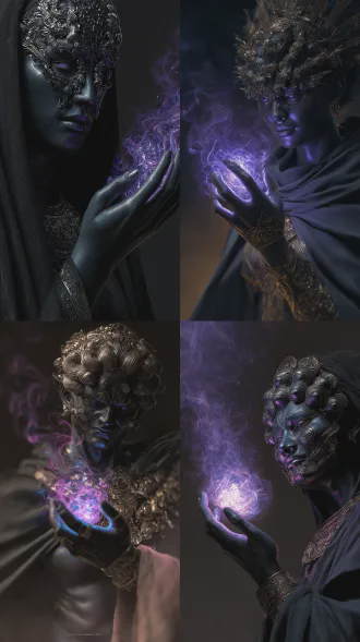史诗级黑暗幻想角色设计，修罗。极繁主义。特征：面部覆盖古老饕餮纹面具，眼神诡谲。细腻质感。黑色披风。胸前古代华丽铠甲整体氛围威严、神秘、肃杀，带有非人神性。掌心升腾缠绕状紫黑色妖火，火焰形态扭曲狂乱，焰体表层闪烁幽蓝、暗紫诡异暗光，妖火灼烧空气形成可见热浪扭曲波纹，光影通透有层次，强烈对比光影，突出金属与织物质感，最佳质量，杰作，无损画质，发丝级细节、毛孔级细节、材质纹理清晰、物理级渲染、景深效果、焦外虚化、抗锯齿、无噪点、无压缩感、暗部细节丰富、高光不过曝，8k分辨率，ue5渲染。